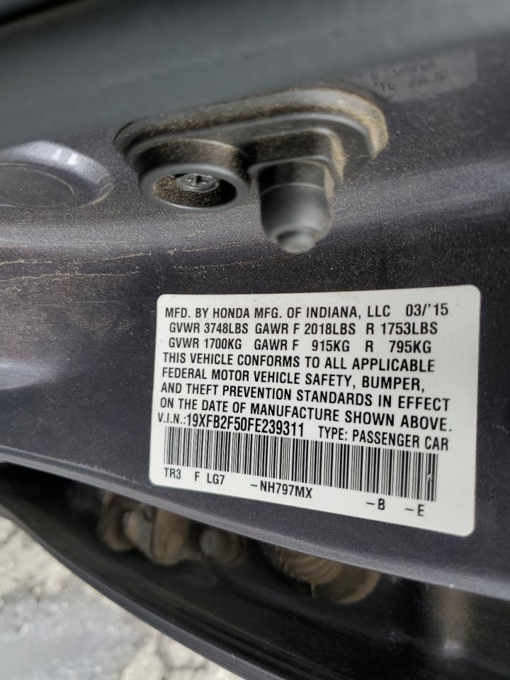 2015 Honda Civic VIN 19XFB2F50FE239311 Copart auction photo, rear end / side damage thumbnail 13