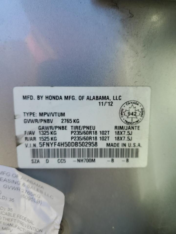 2013 Honda Pilot VIN 5FNYF4H50DB502958 Copart auction photo, side / mechanical damage thumbnail 15
