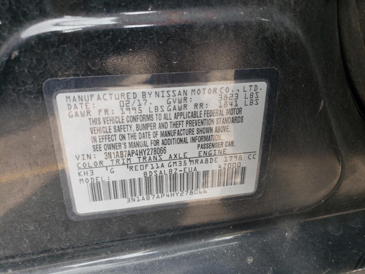 2017 Nissan Sentra VIN 3N1AB7AP4HY278066 Copart auction photo, side damage thumbnail 12