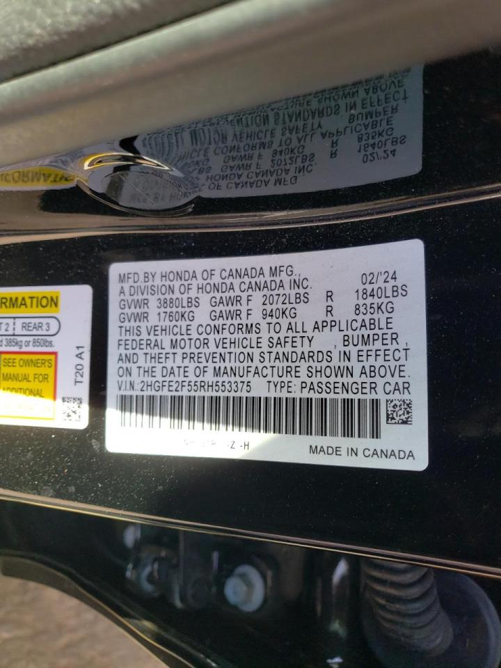 2024 Honda Civic VIN 2HGFE2F55RH553375 Copart auction photo, front end damage thumbnail 14