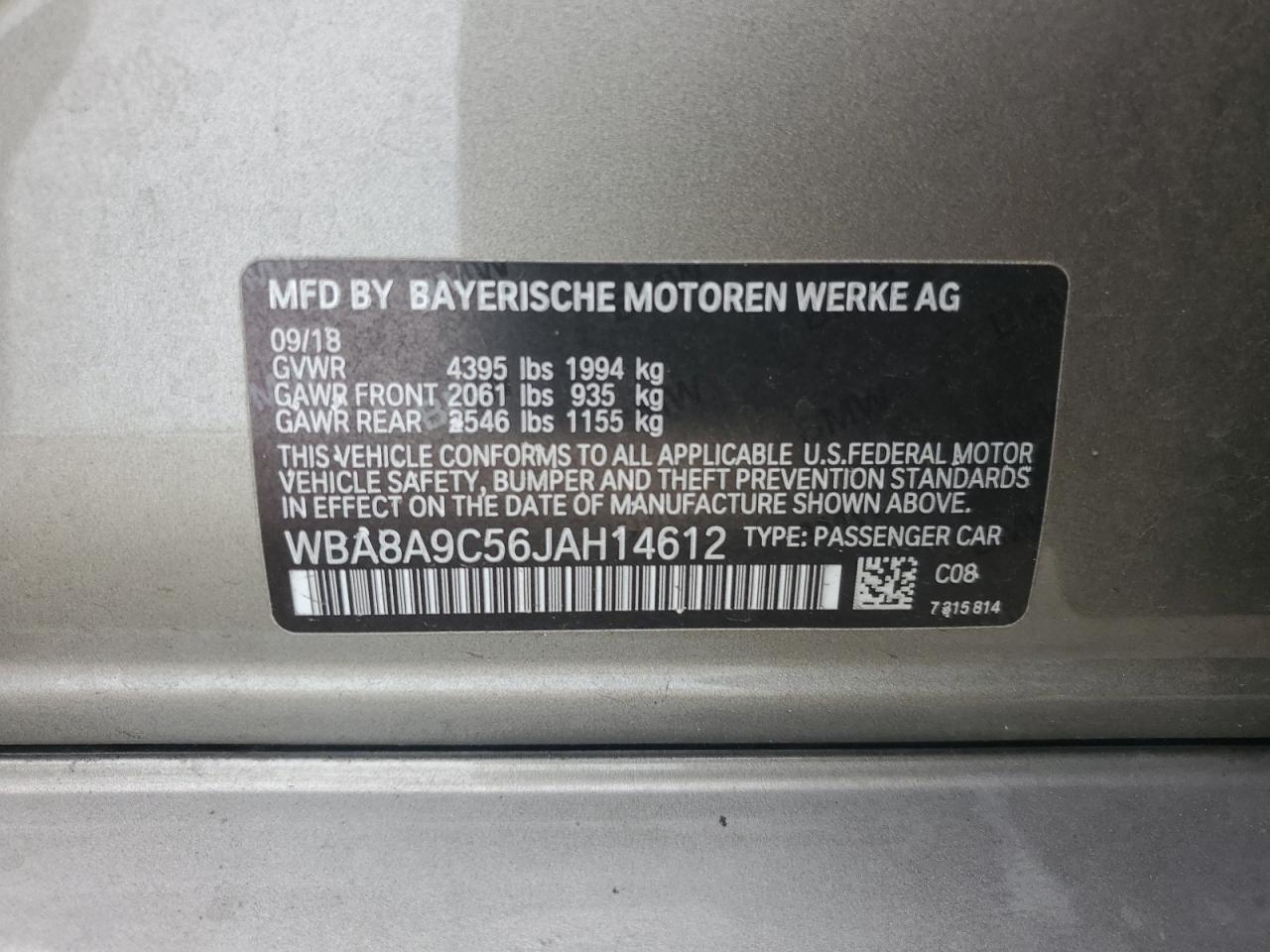 2018 BMW 3er VIN WBA8A9C56JAH14612 Copart auction photo, front end damage thumbnail 13