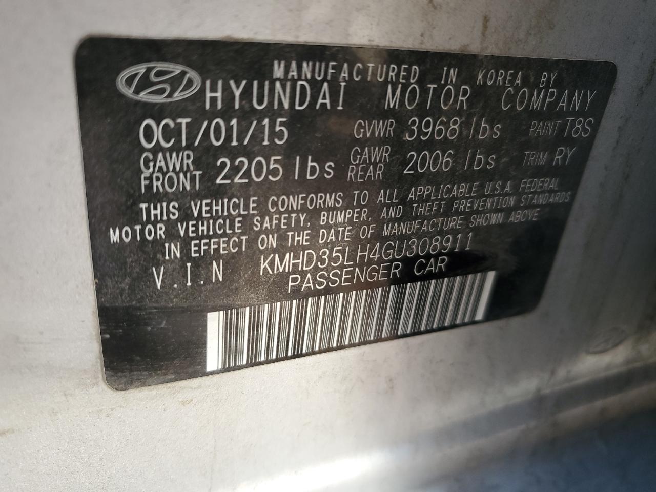 2016 Hyundai Elantra VIN KMHD35LH4GU308911 Copart auction photo, all over / front end damage thumbnail 13