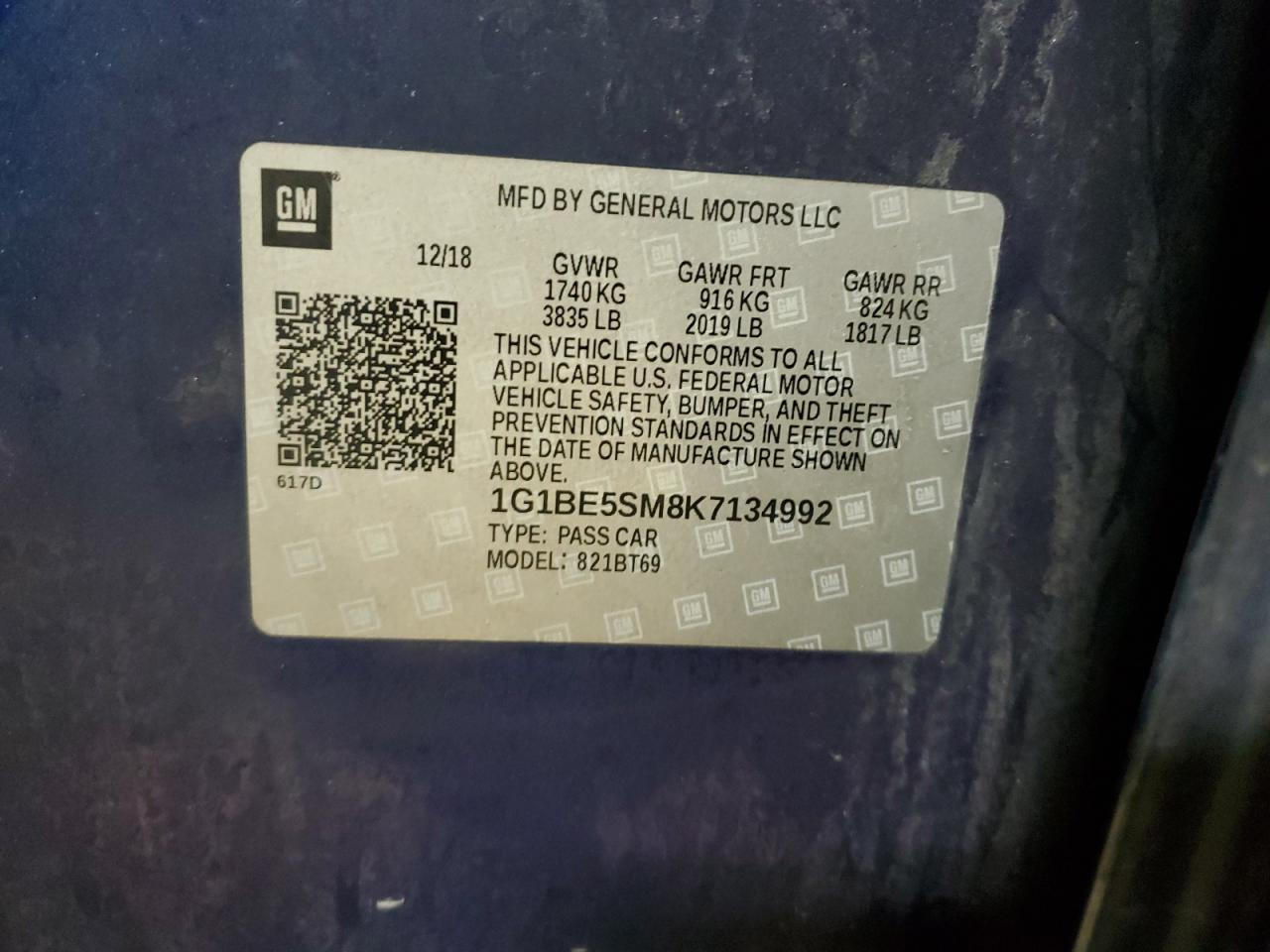 2019 Chevrolet Cruze VIN 1G1BE5SM8K7134992 Copart auction photo, front end / mechanical damage thumbnail 12