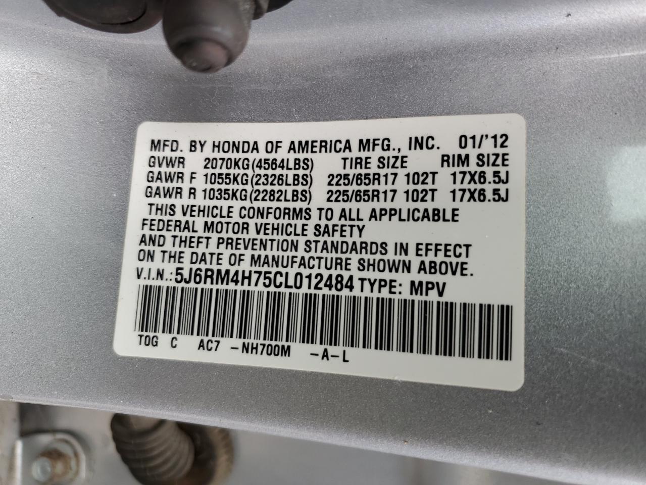 2012 Honda CR-V VIN 5J6RM4H75CL012484 Copart auction photo, all over damage thumbnail 16