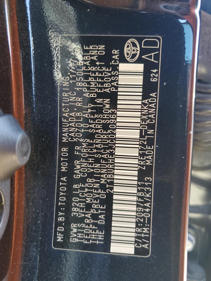 2018 Toyota Corolla VIN 2T1BURHE3JC020963 Copart auction photo, front end damage thumbnail 12
