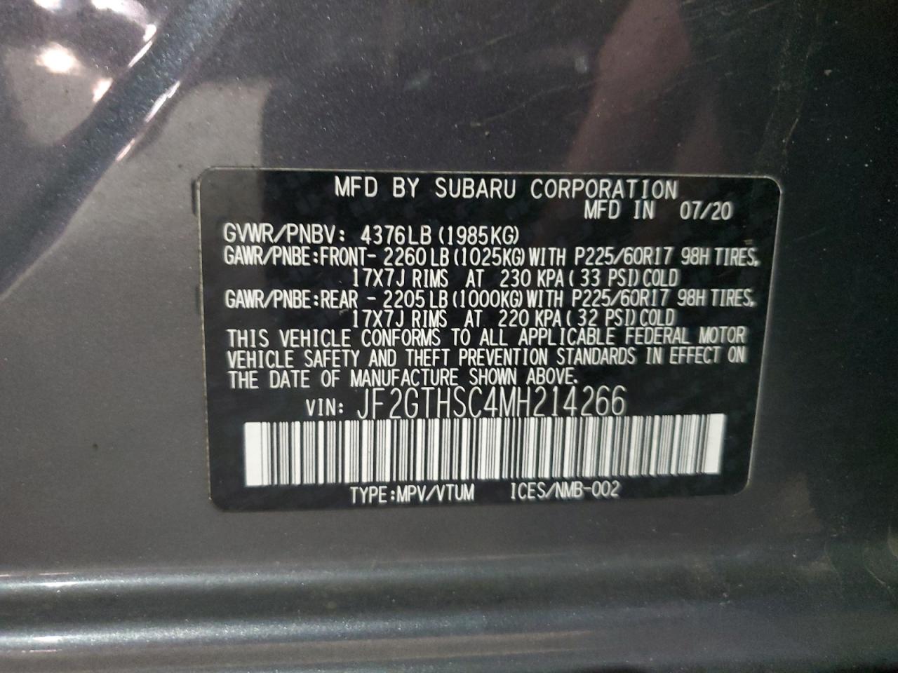 2021 Subaru XV VIN JF2GTHSC4MH214266 Copart auction photo, all over damage thumbnail 15