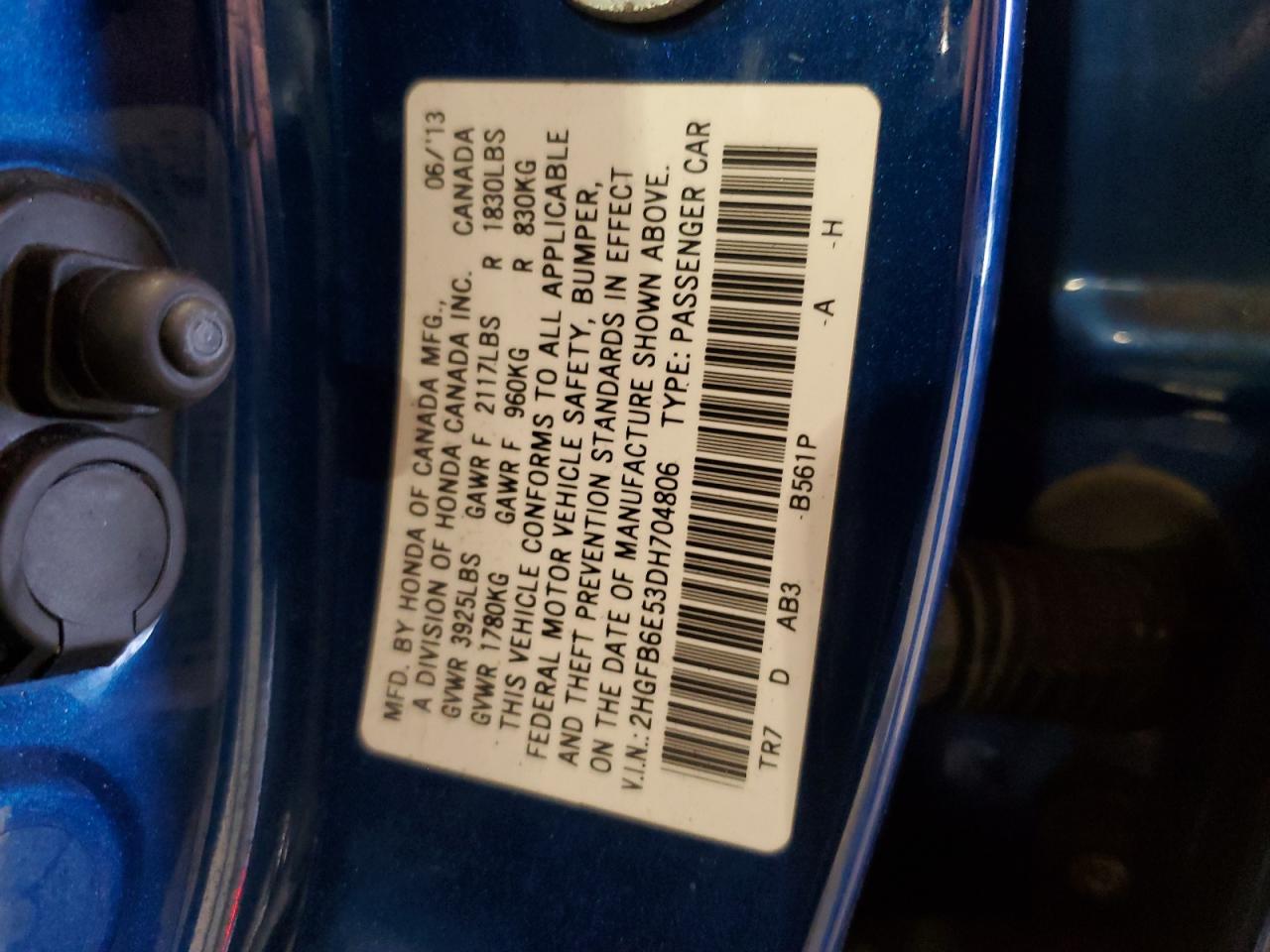 2013 Honda Civic VIN 2HGFB6E53DH704806 Copart auction photo, front end / minor dent/scratches damage thumbnail 12