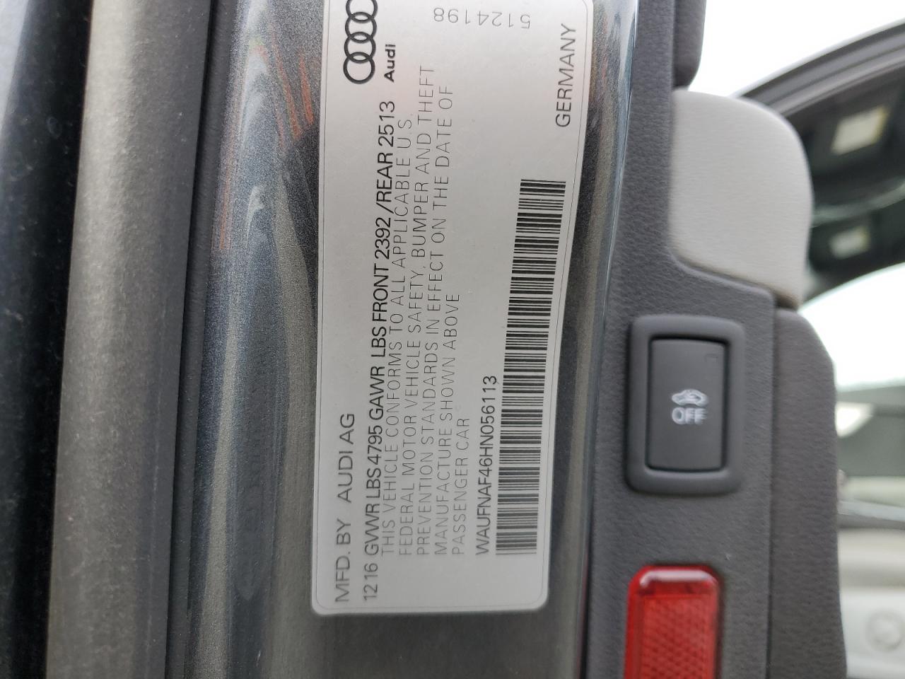 2017 Audi A4 VIN WAUFNAF46HN056113 Copart auction photo, front end damage thumbnail 12