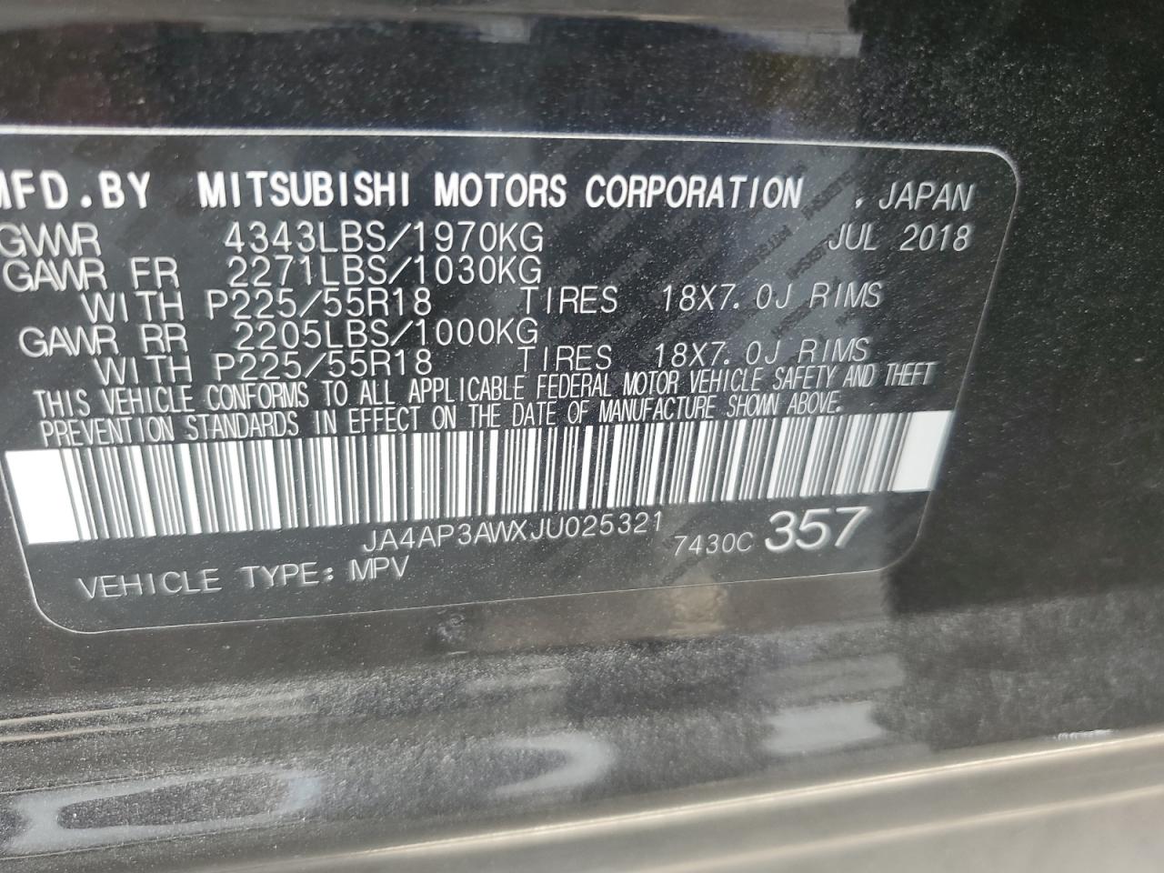 2018 Mitsubishi Outlander VIN JA4AP3AWXJU025321 Copart auction photo, front end / rear end damage thumbnail 13