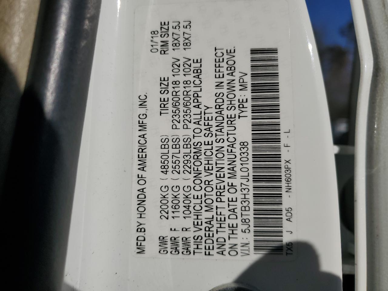 2018 Acura RDX VIN 5J8TB3H37JL010338 Copart auction photo, front end damage thumbnail 15
