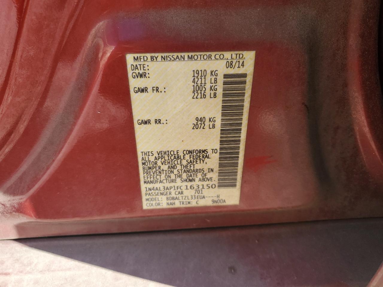 2015 Nissan Altima VIN 1N4AL3AP1FC163150 Copart auction photo, vandalism damage thumbnail 12