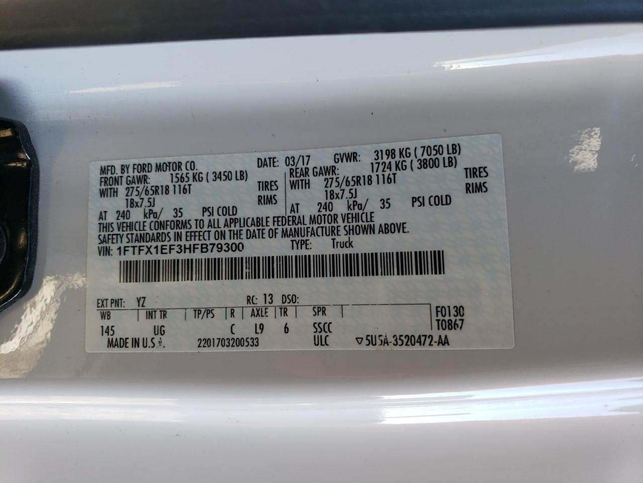 2017 Ford F-150 VIN 1FTFX1EF3HFB79300 Copart auction photo, front end / rear end damage thumbnail 13