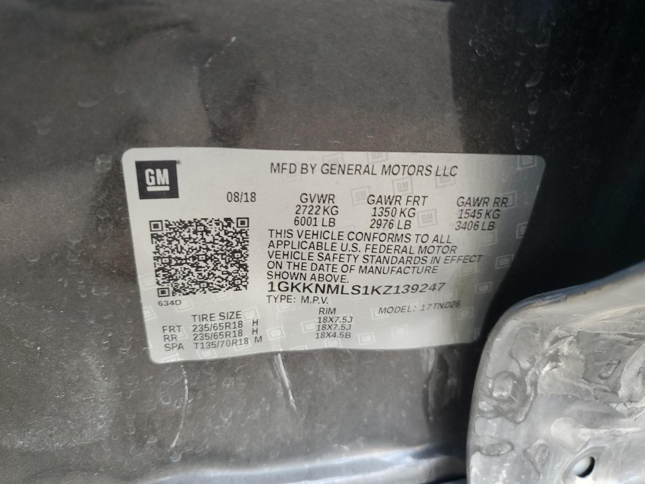 2019 GMC Acadia VIN 1GKKNMLS1KZ139247 Copart auction photo, side damage thumbnail 16