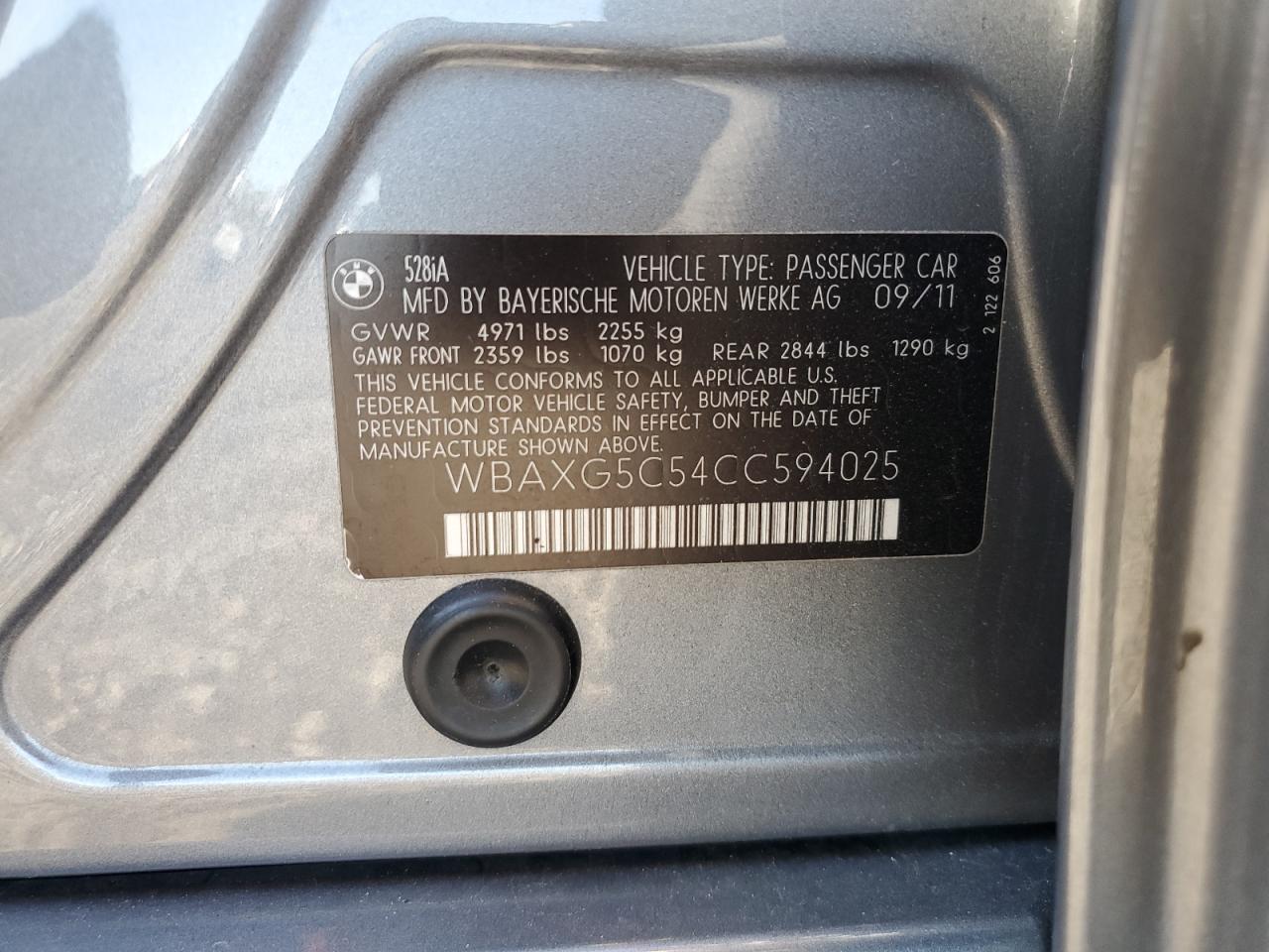 2012 BMW 5er VIN WBAXG5C54CC594025 Copart auction photo, front end / undercarriage damage thumbnail 14