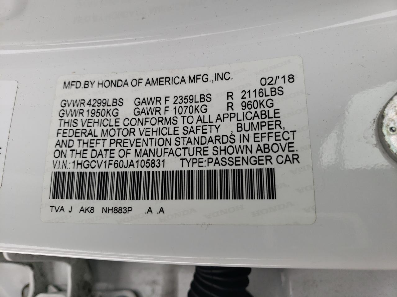 2018 Honda Accord VIN 1HGCV1F60JA105831 Copart auction photo, front end / rear end damage thumbnail 12