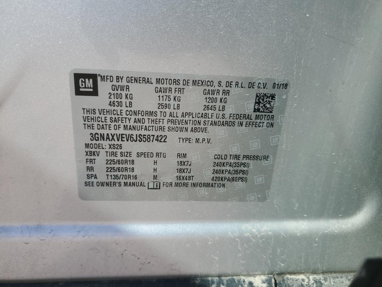 2018 Chevrolet Equinox VIN 3GNAXVEV6JS587422 Copart auction photo, side damage thumbnail 13
