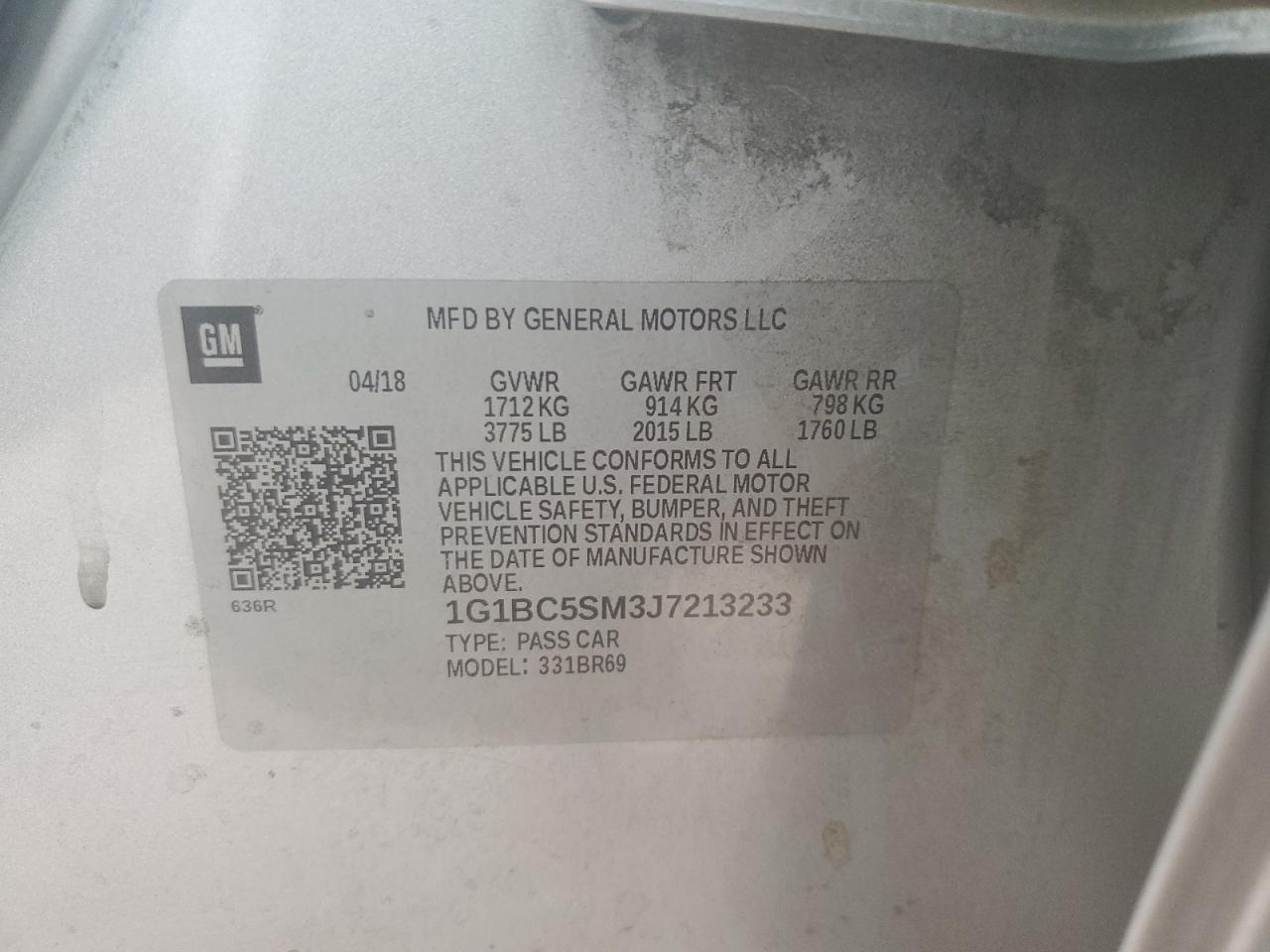 2018 Chevrolet Cruze VIN 1G1BC5SM3J7213233 Copart auction photo, front end / side damage thumbnail 12