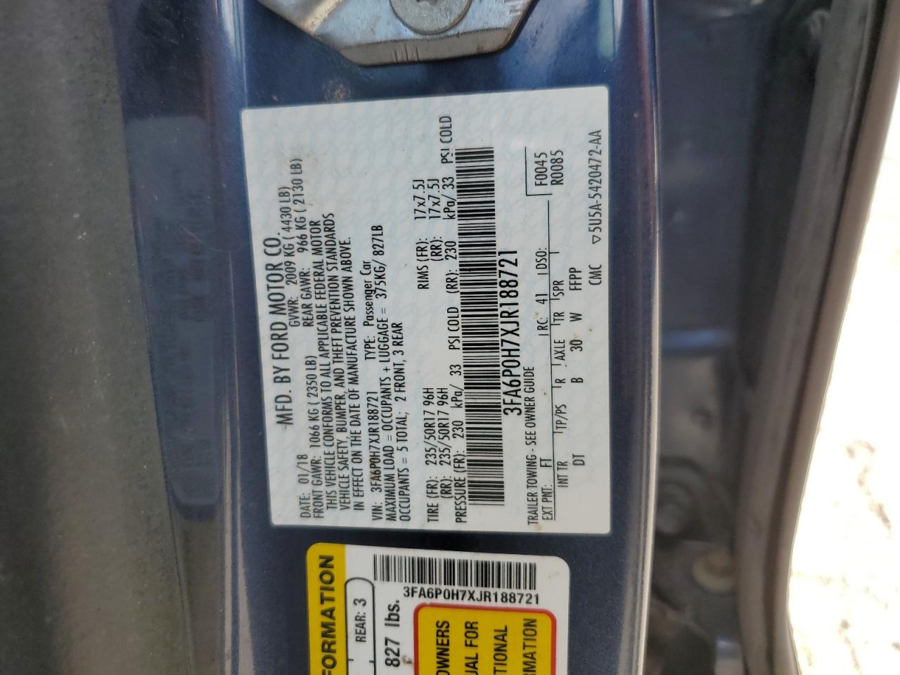 2018 Ford Fusion VIN 3FA6P0H7XJR188721 Copart auction photo, all over damage thumbnail 12