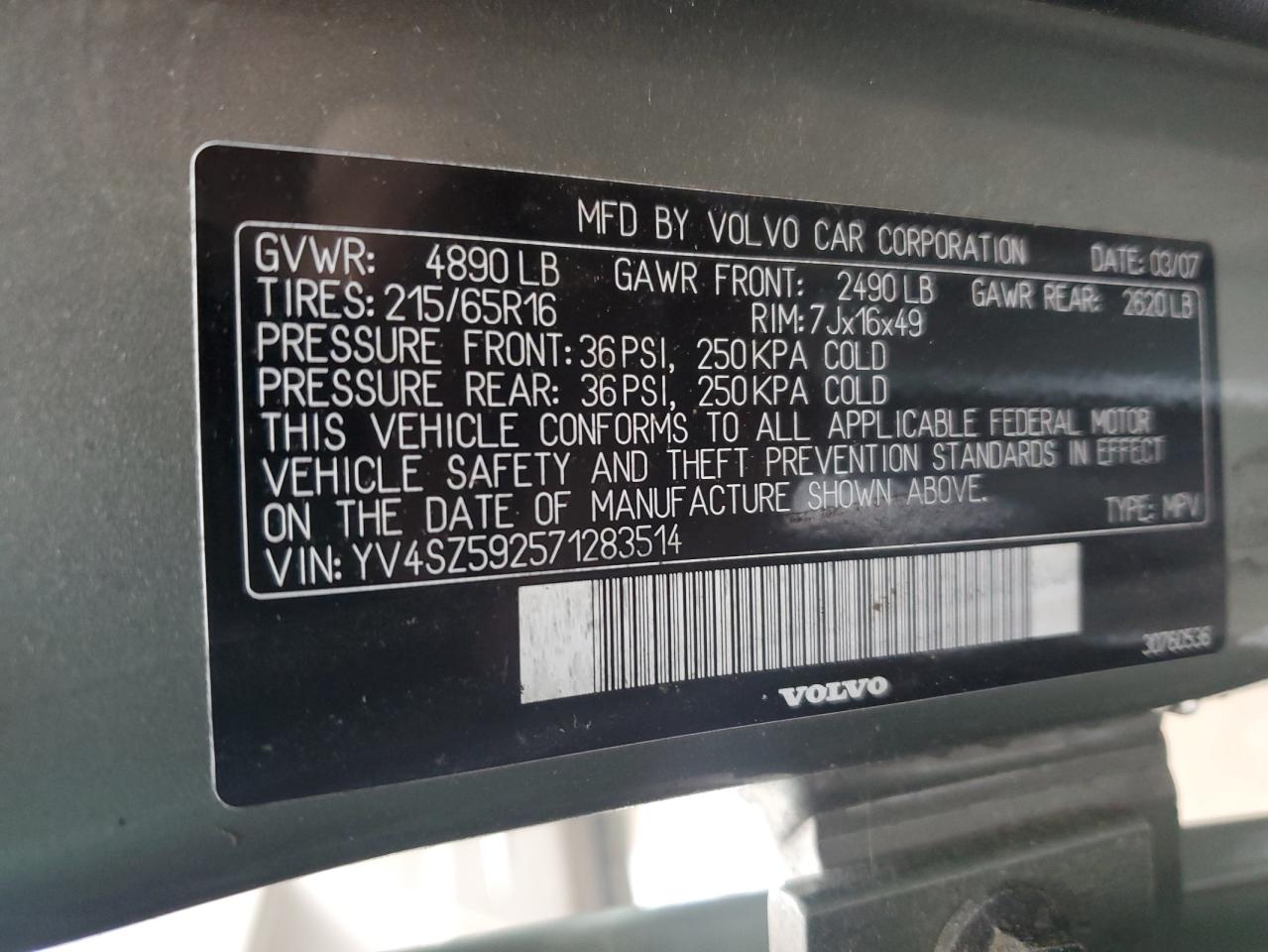 2007 Volvo XC70 VIN YV4SZ592571283514 Copart auction photo, side / rear end damage thumbnail 12