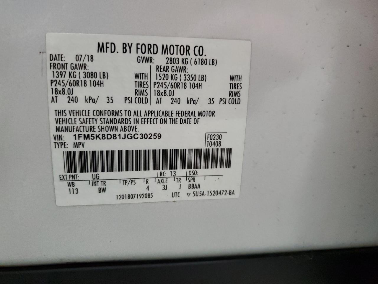 2018 Ford Explorer VIN 1FM5K8D81JGC30259 Copart auction photo, all over damage thumbnail 13
