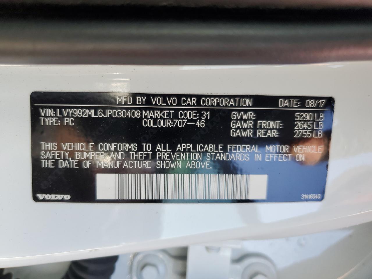 2018 Volvo S90 VIN LVY992ML6JP030408 Copart auction photo, side / rear end damage thumbnail 14
