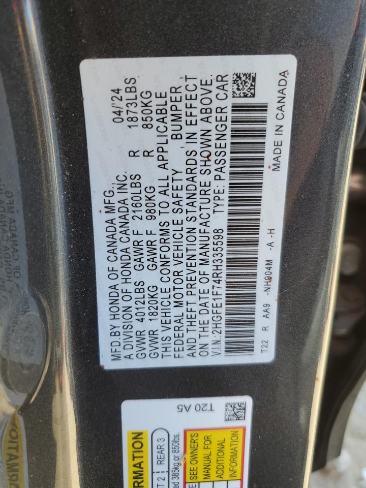2024 Honda Civic VIN 2HGFE1F74RH335598 Copart auction photo, rear end / front end damage thumbnail 12