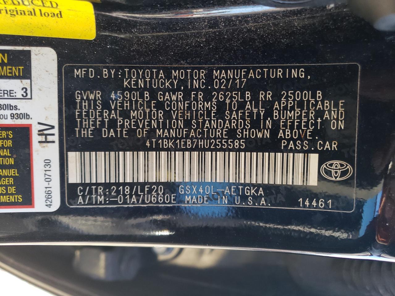 2017 Toyota Avalon VIN 4T1BK1EB7HU255585 Copart auction photo, front end / rear end damage thumbnail 13