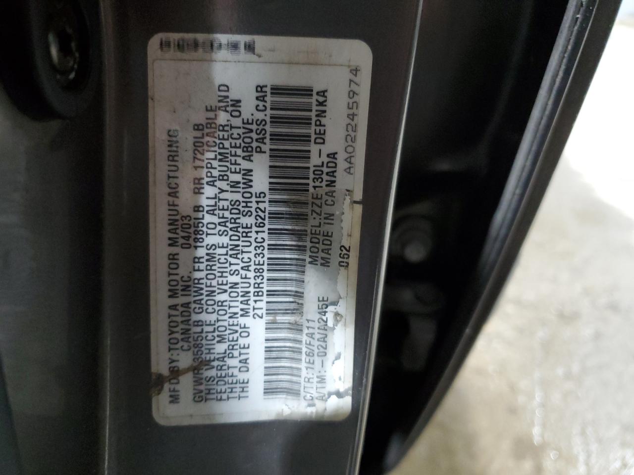 2003 Toyota Corolla VIN 2T1BR38E33C162215 Copart auction photo, front end / minor dent/scratches damage thumbnail 12