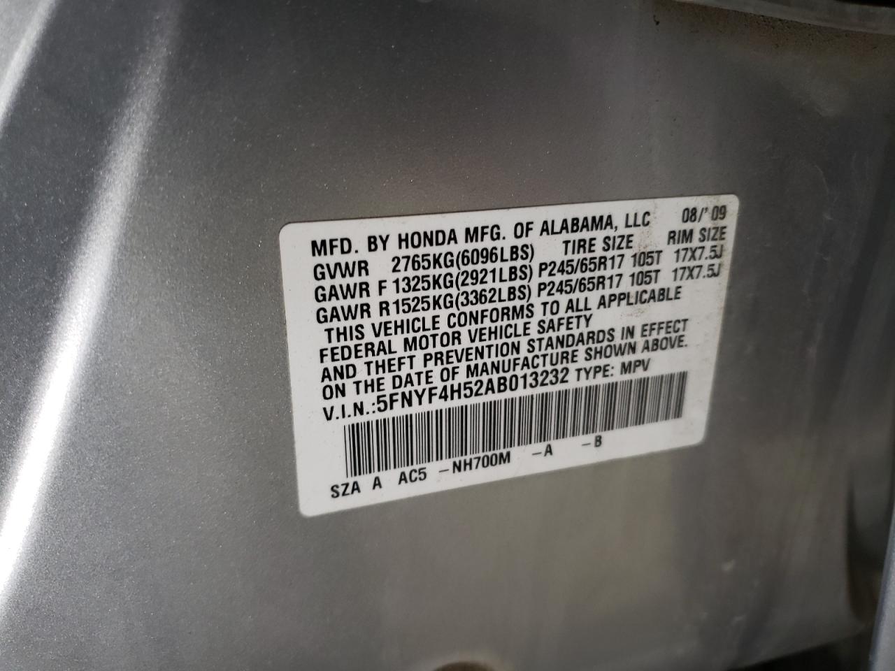 2010 Honda Pilot VIN 5FNYF4H52AB013232 Copart auction photo, all over damage thumbnail 13