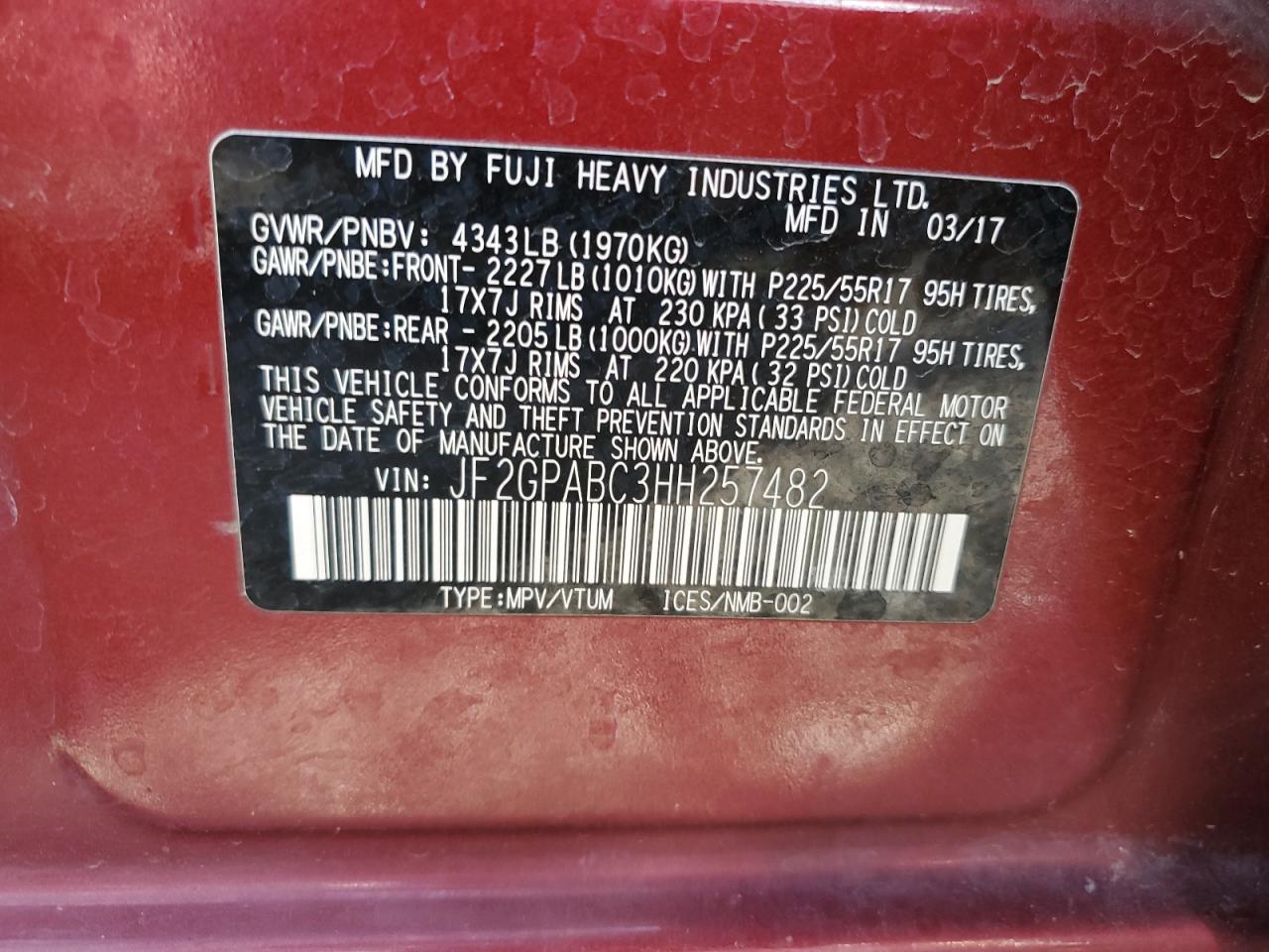 2017 Subaru XV VIN JF2GPABC3HH257482 Copart auction photo, undercarriage / all over damage thumbnail 14