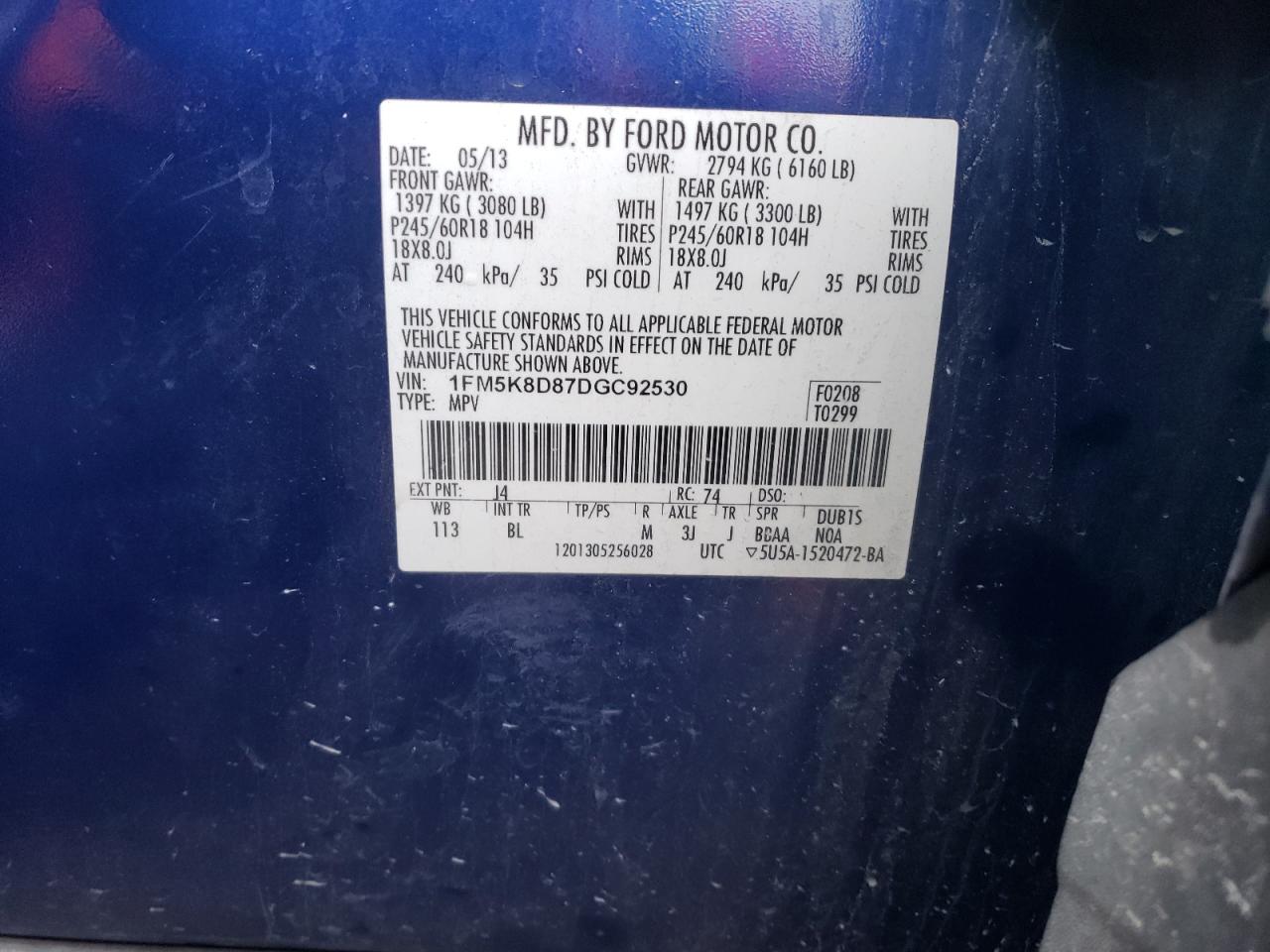 2013 Ford Explorer VIN 1FM5K8D87DGC92530 Copart auction photo, side / front end damage thumbnail 13