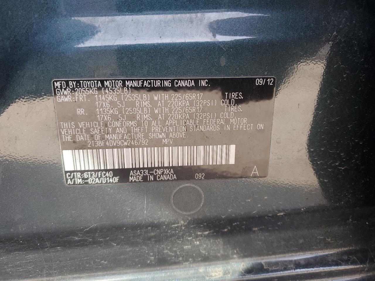 2012 Toyota RAV 4 VIN 2T3BF4DV9CW246792 Copart auction photo, front end / minor dent/scratches damage thumbnail 14