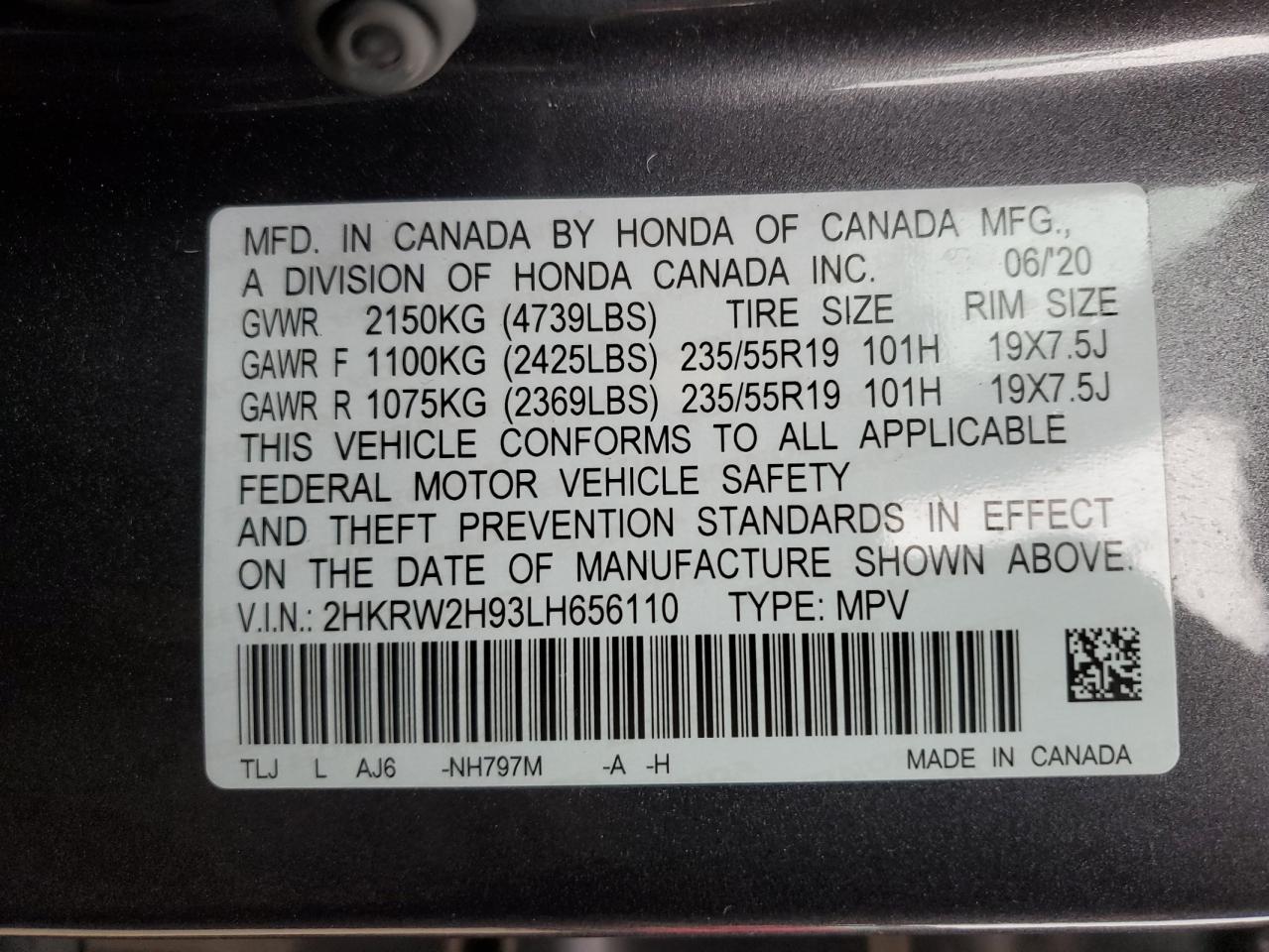 2020 Honda CR-V VIN 2HKRW2H93LH656110 Copart auction photo, front end / minor dent/scratches damage thumbnail 13