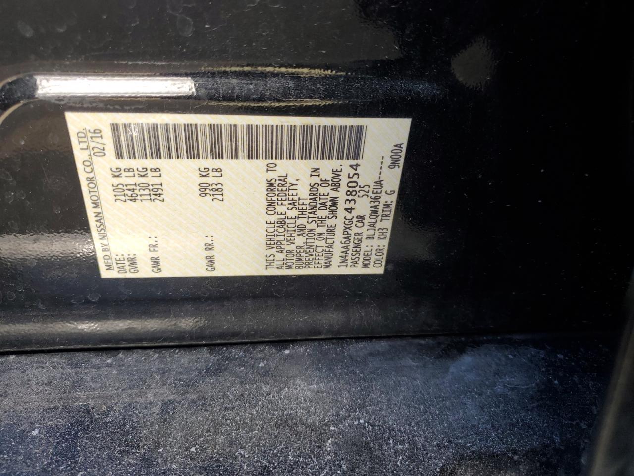 2016 Nissan Maxima VIN 1N4AA6APXGC438054 Copart auction photo, front end damage thumbnail 12