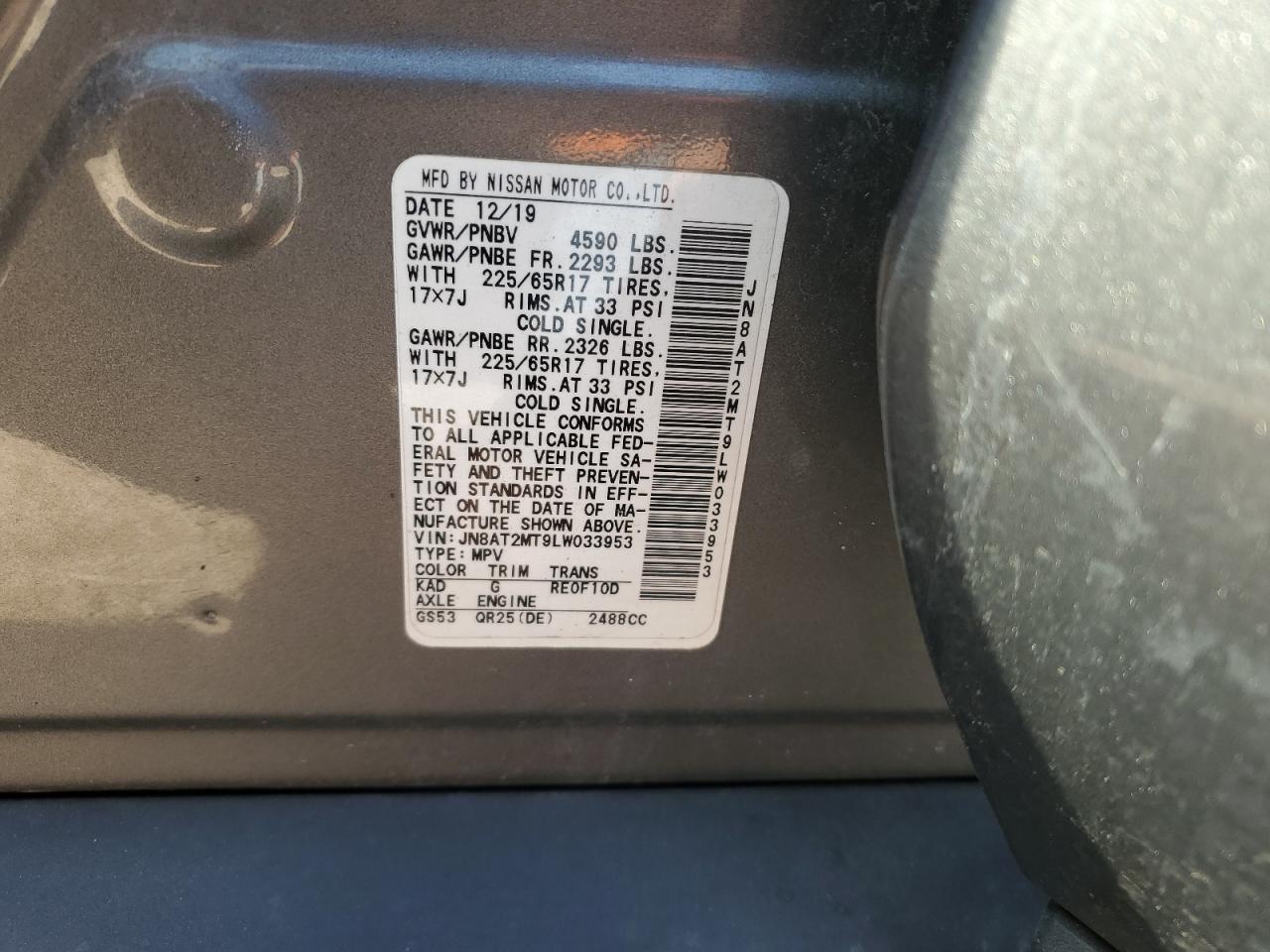 2020 Nissan Rogue VIN JN8AT2MT9LW033953 Copart auction photo, front end / burn damage thumbnail 14