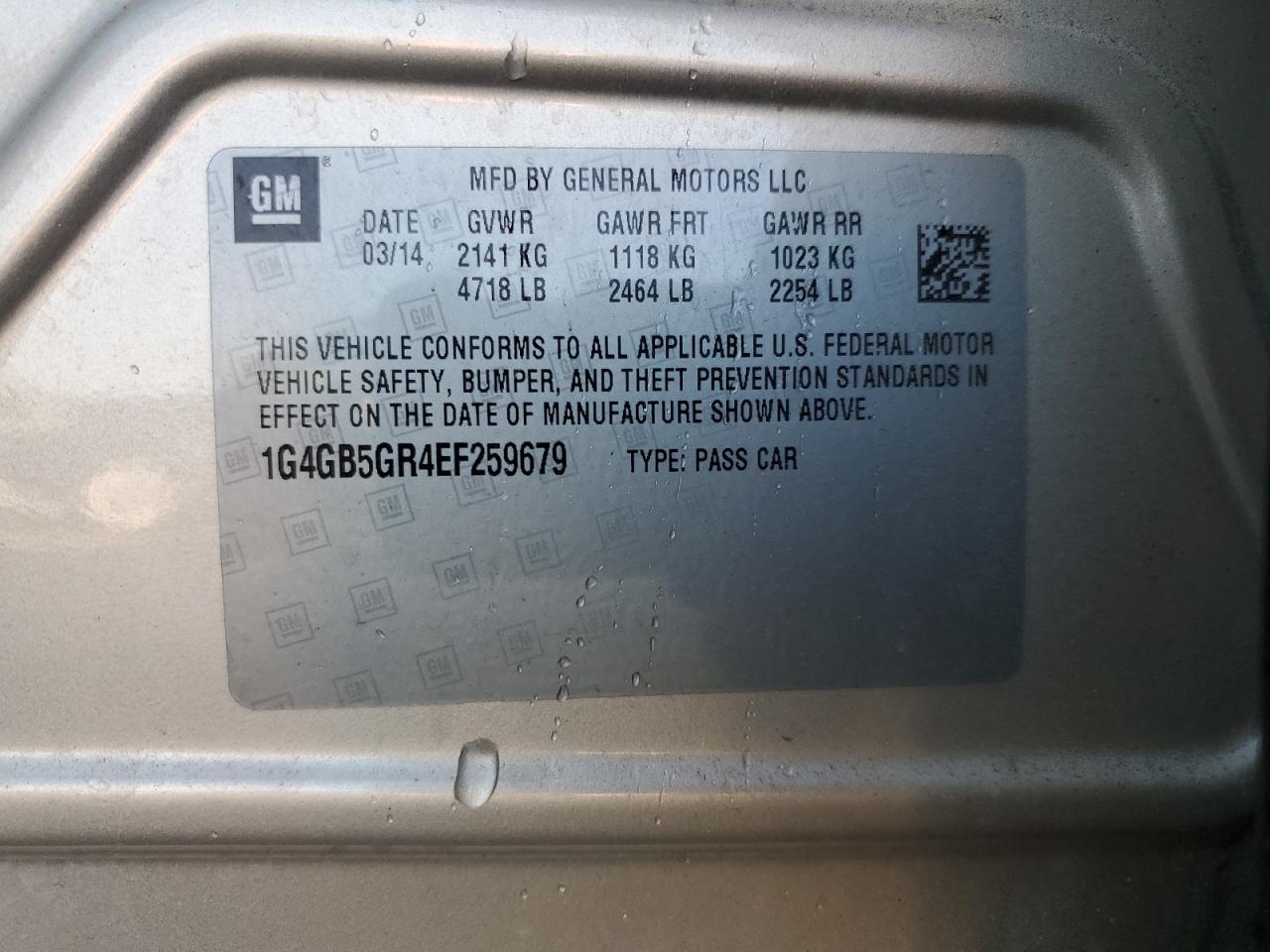 2014 Buick LaCrosse VIN 1G4GB5GR4EF259679 Copart auction photo, front end / minor dent/scratches damage thumbnail 12