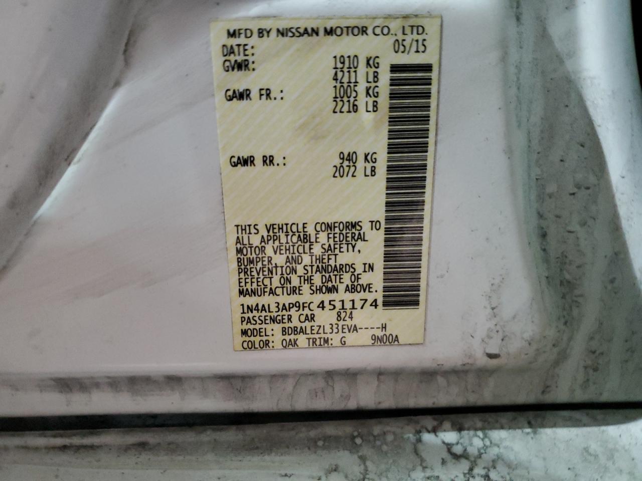 2015 Nissan Altima VIN 1N4AL3AP9FC451174 Copart auction photo, front end damage thumbnail 12