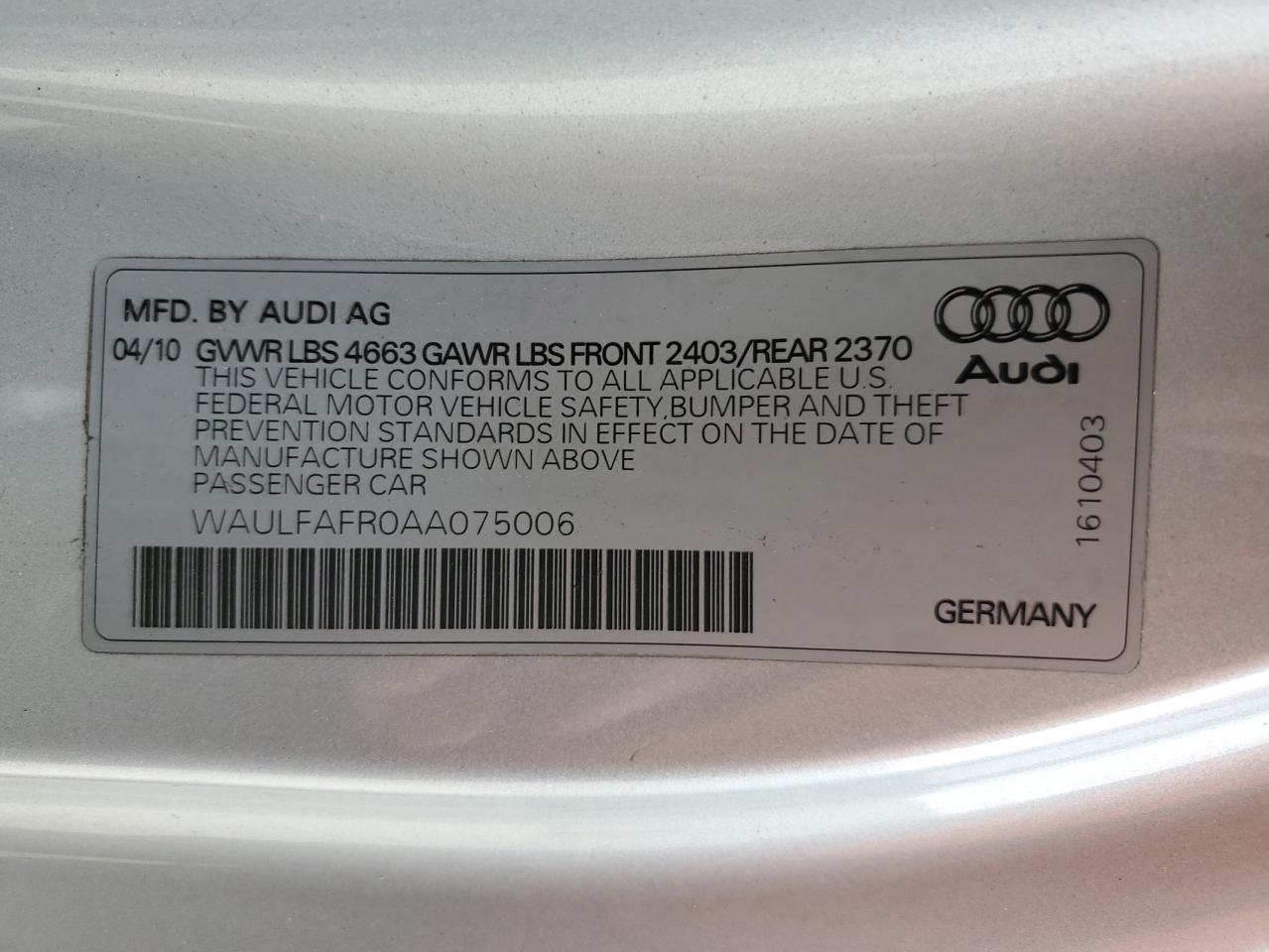 2010 Audi A5 VIN WAULFAFR0AA075006 Copart auction photo, front end / minor dent/scratches damage thumbnail 12