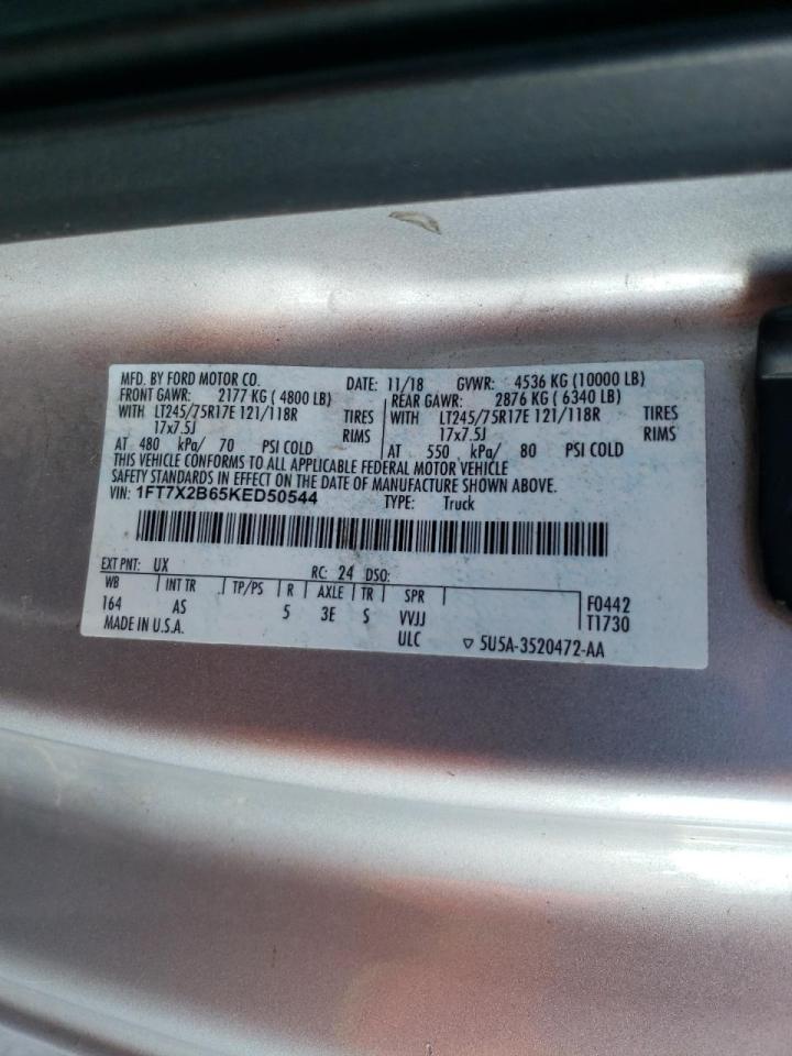 2019 Ford F250 VIN 1FT7X2B65KED50544 Copart auction photo, front end / rear end damage thumbnail 10
