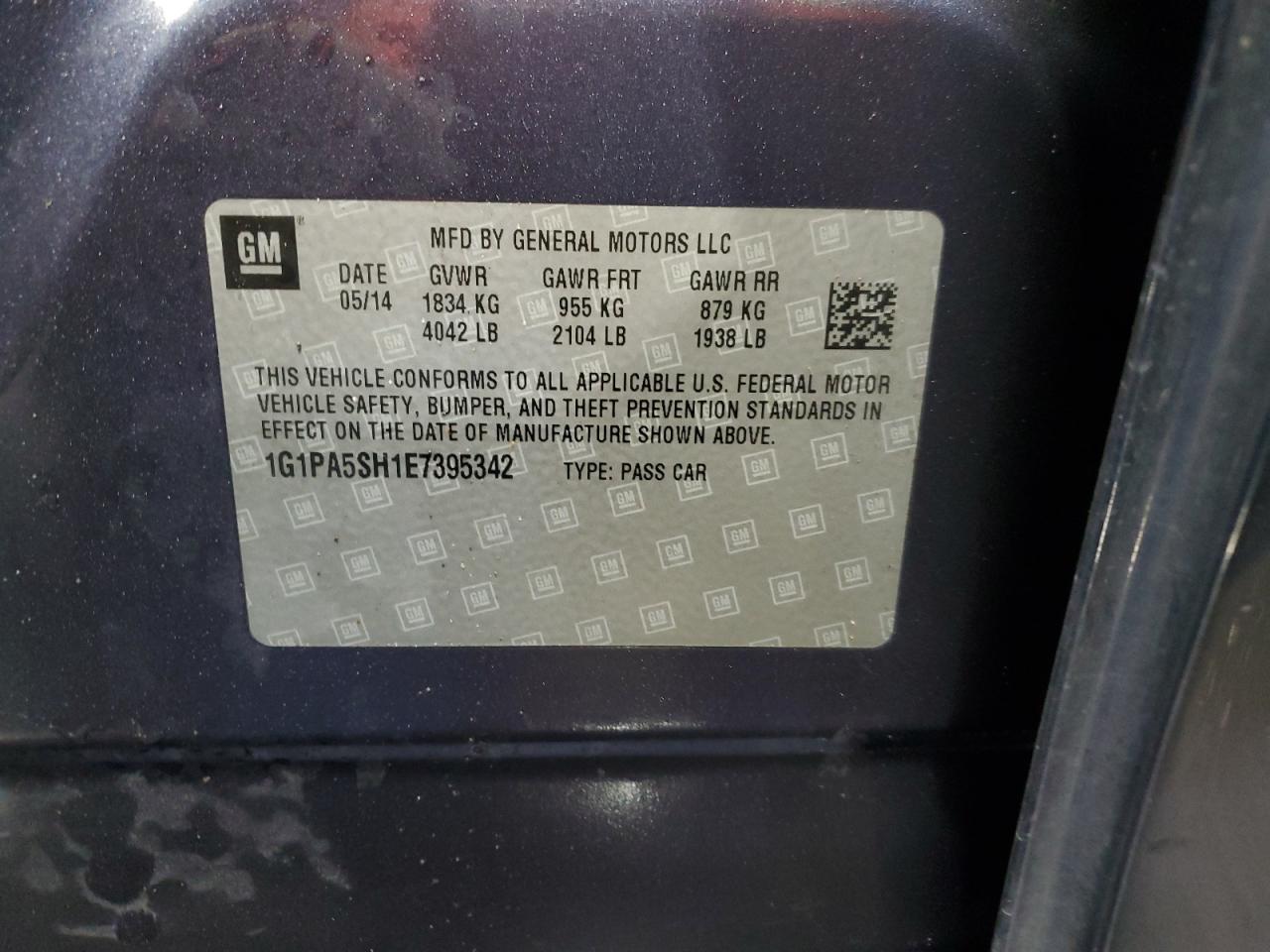 2014 Chevrolet Cruze VIN 1G1PA5SH1E7395342 Copart auction photo, front end / side damage thumbnail 13