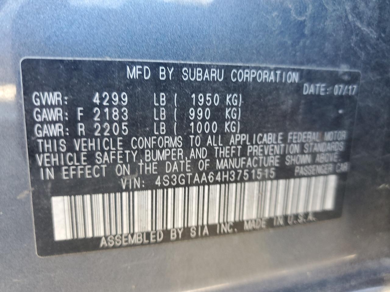 2017 Subaru Impreza VIN 4S3GTAA64H3751515 Copart auction photo, front end / undercarriage damage thumbnail 12