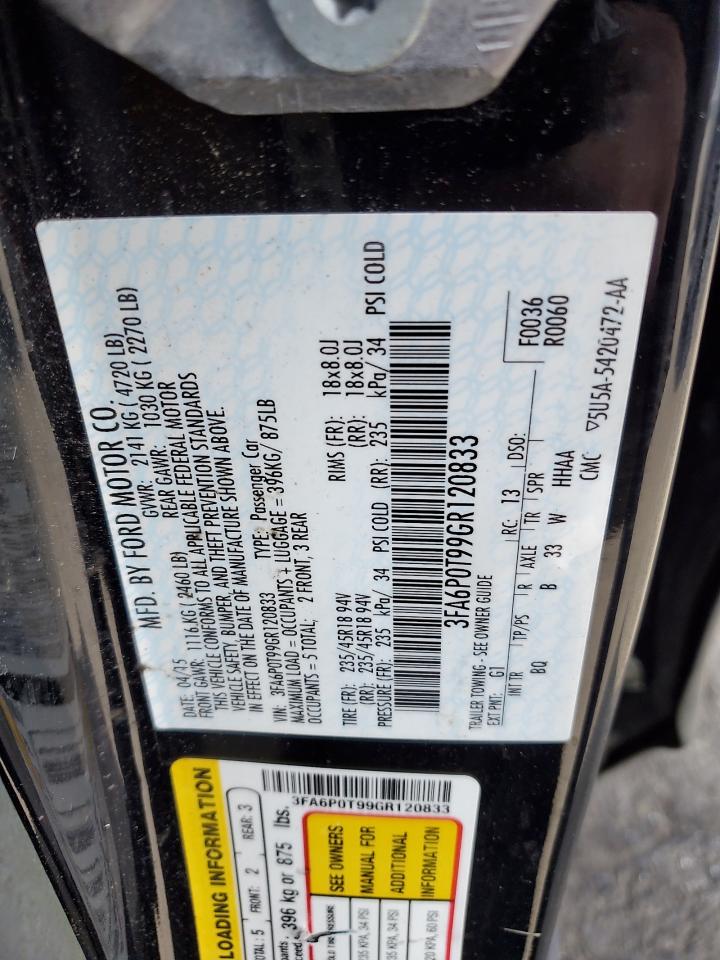 2016 Ford Fusion VIN 3FA6P0T99GR120833 Copart auction photo, rear end damage thumbnail 12