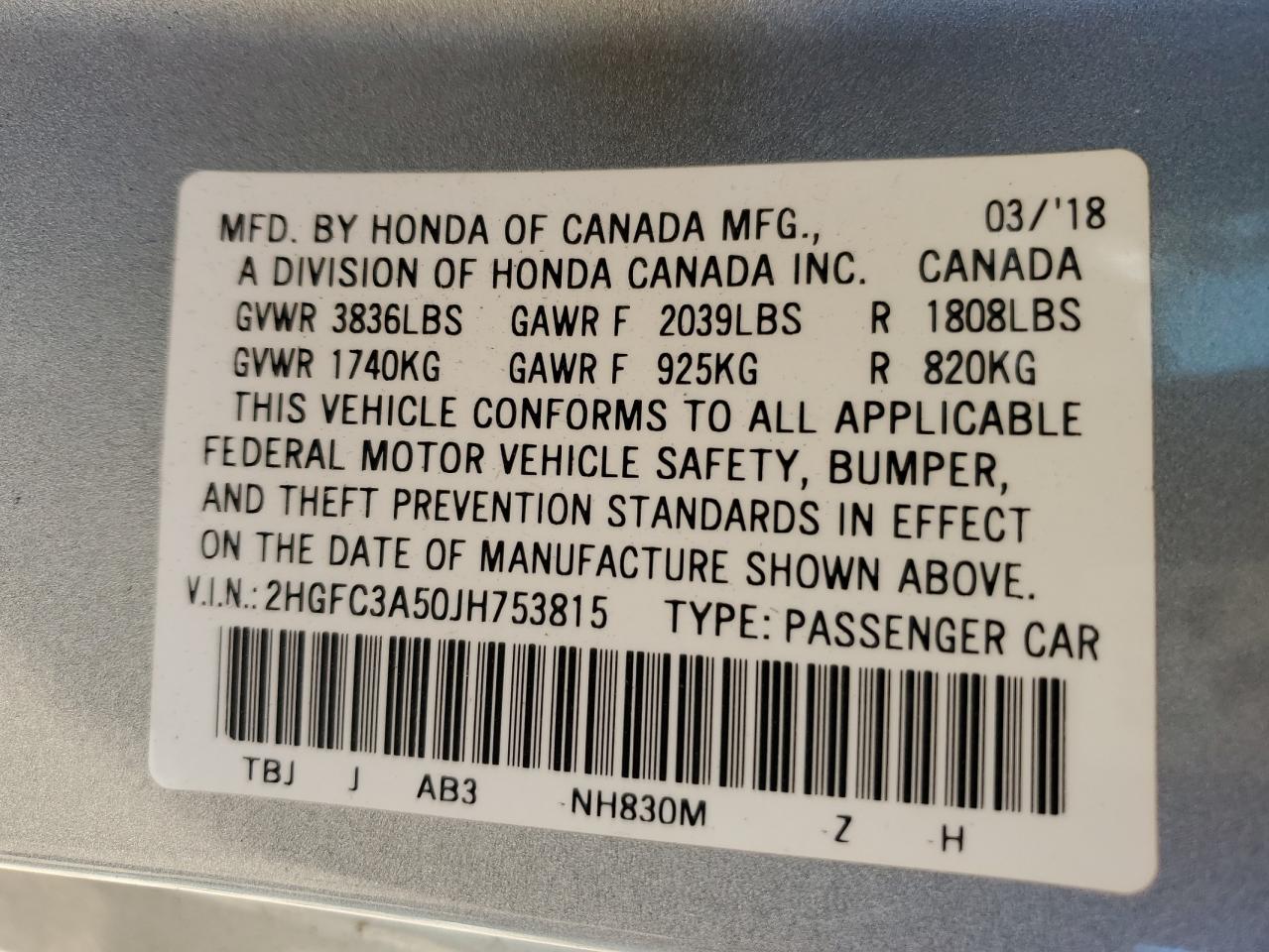 2018 Honda Civic VIN 2HGFC3A50JH753815 Copart auction photo, front end / minor dent/scratches damage thumbnail 13