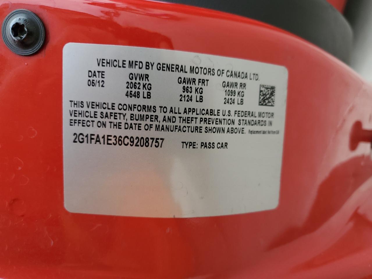 2012 Chevrolet Camaro VIN 2G1FA1E36C9208757 Copart auction photo, rear end damage thumbnail 12