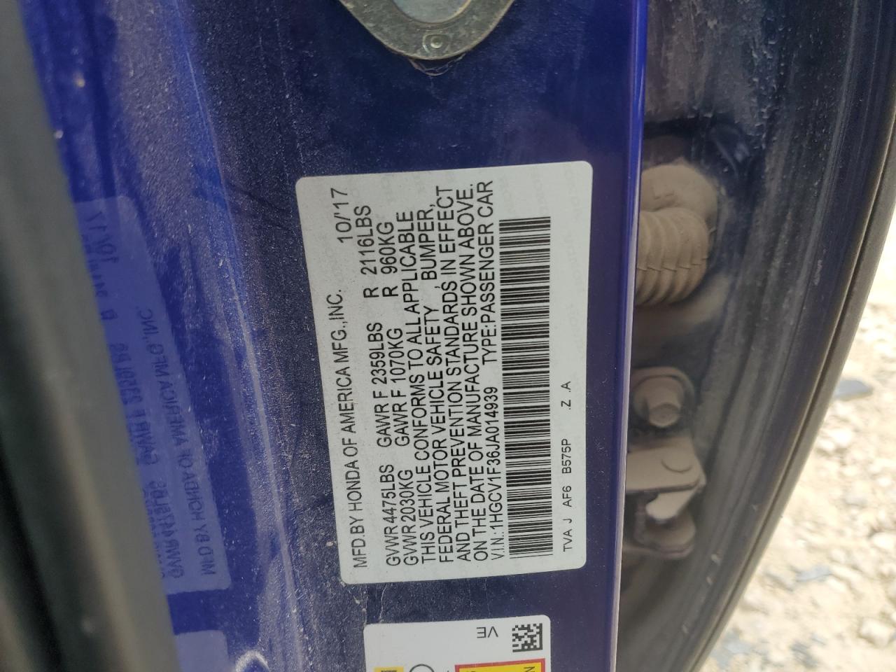 2018 Honda Accord VIN 1HGCV1F36JA014939 Copart auction photo, rear end / front end damage thumbnail 12