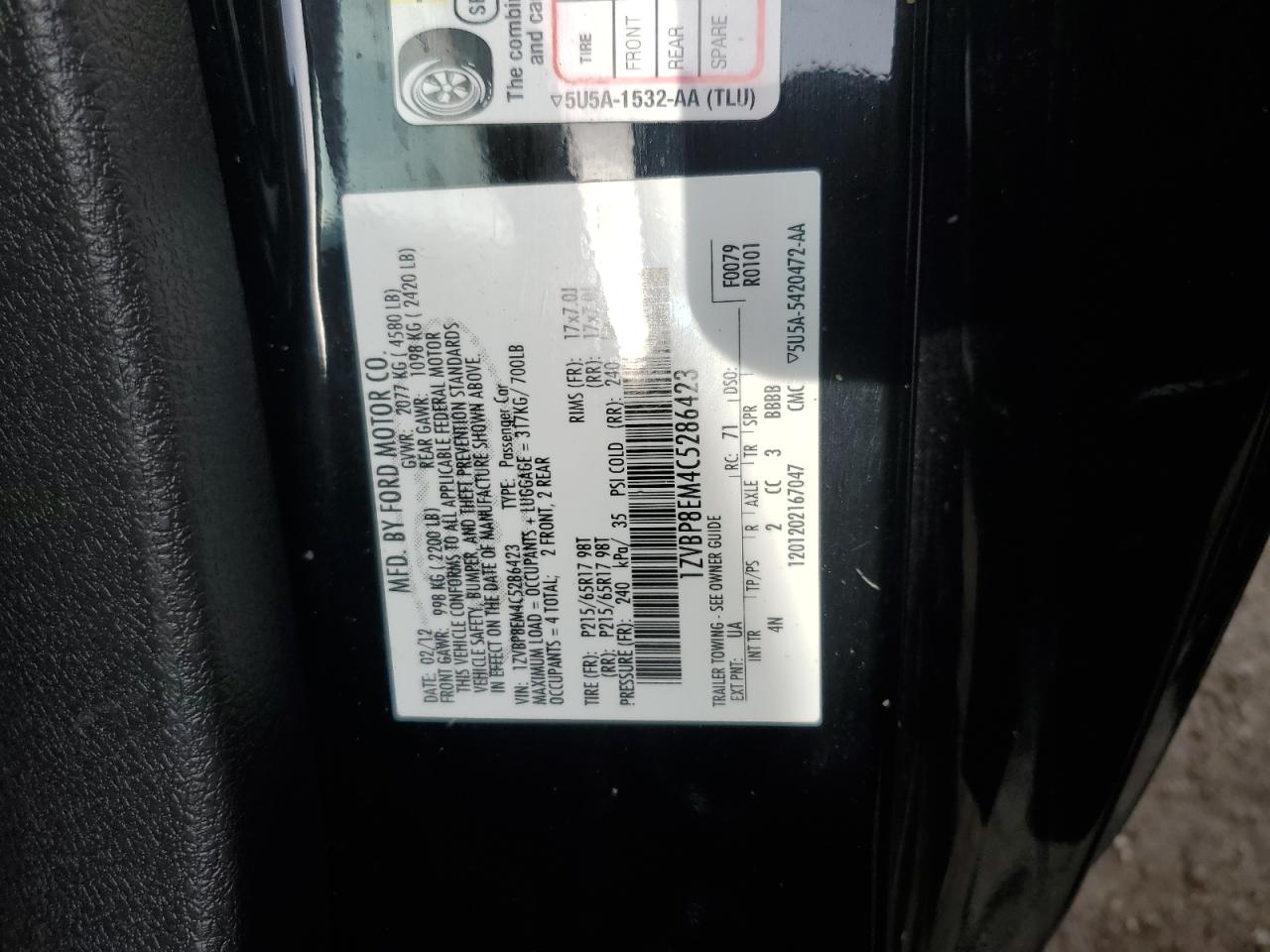 2012 Ford Mustang VIN 1ZVBP8EM4C5286423 Copart auction photo, front end damage thumbnail 13