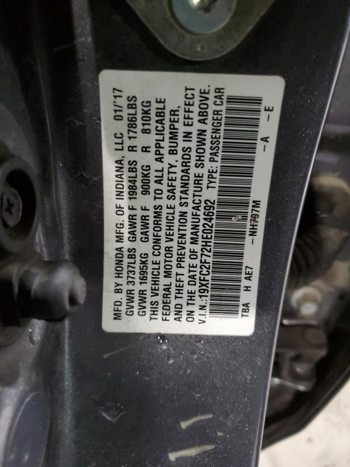 2017 Honda Civic VIN 19XFC2F72HE024692 Copart auction photo, front end / minor dent/scratches damage thumbnail 12