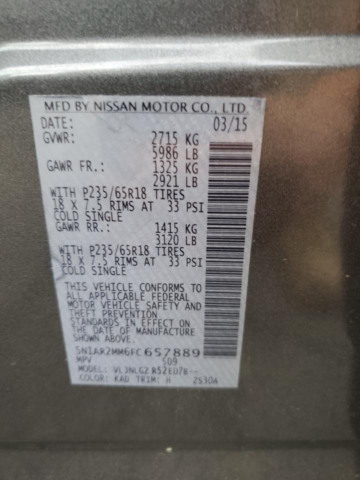 2015 Nissan Pathfinder VIN 5N1AR2MM6FC657889 Copart auction photo, front end / minor dent/scratches damage thumbnail 13