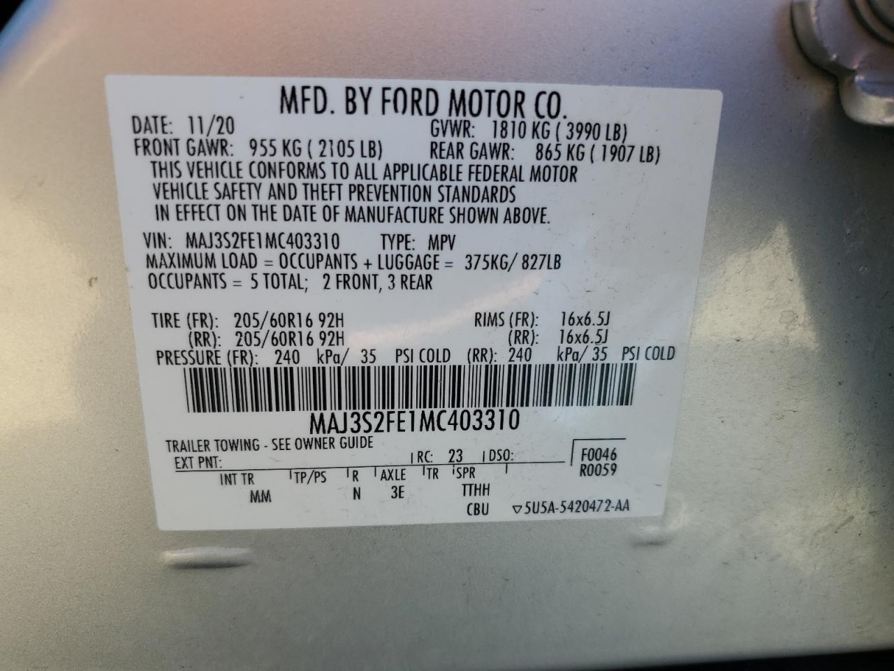 2021 Ford EcoSport VIN MAJ3S2FE1MC403310 Copart auction photo, front end / minor dent/scratches damage thumbnail 13