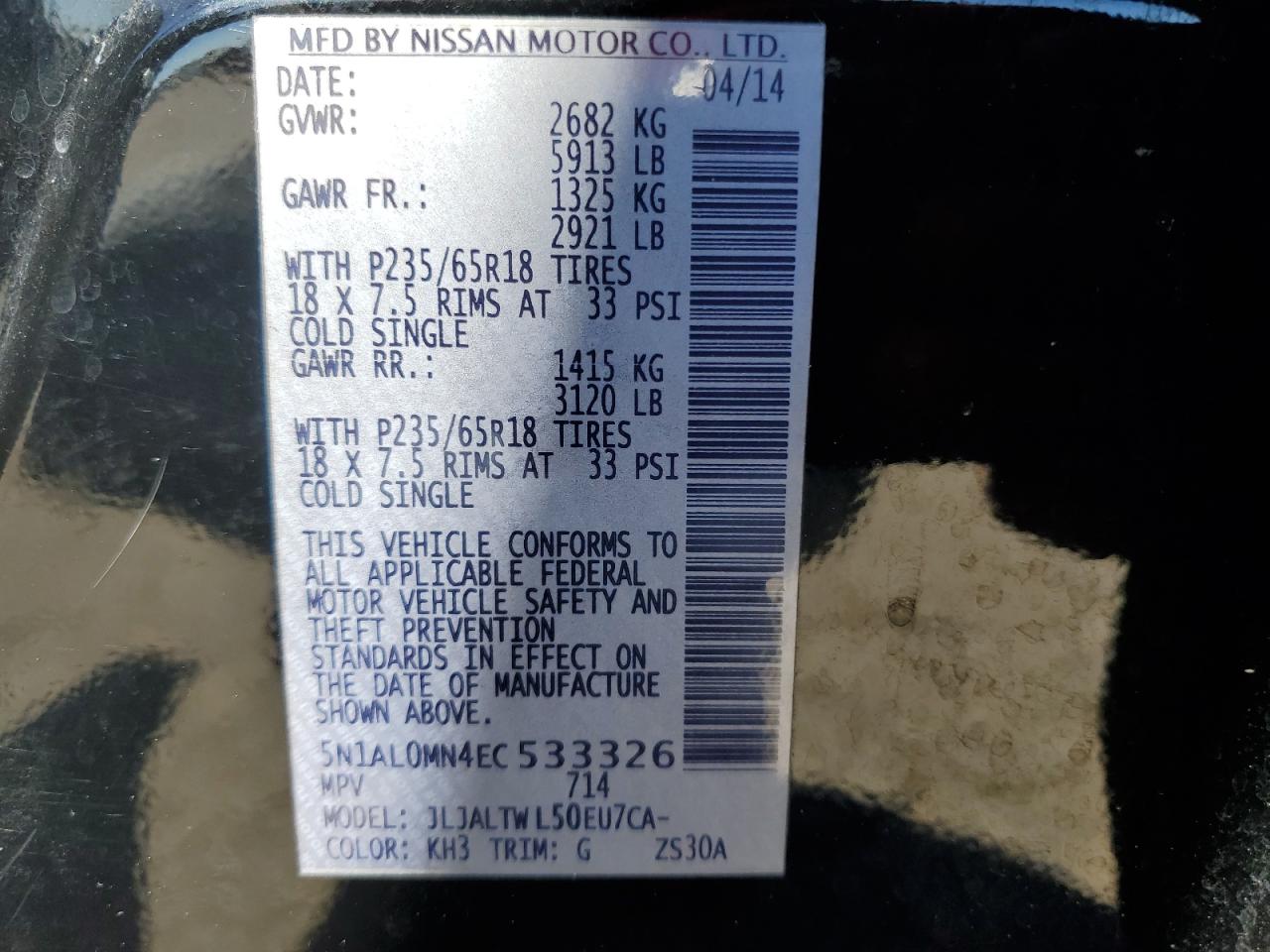 2014 Infiniti QX60 VIN 5N1AL0MN4EC533326 Copart auction photo, side damage thumbnail 13
